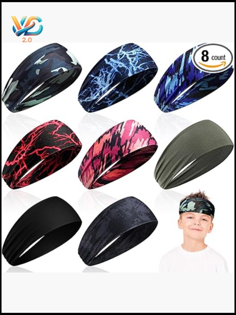 8 Pack Boys Athletic Headbands Sweatband Kids Sports Wicking Breathable Elastic